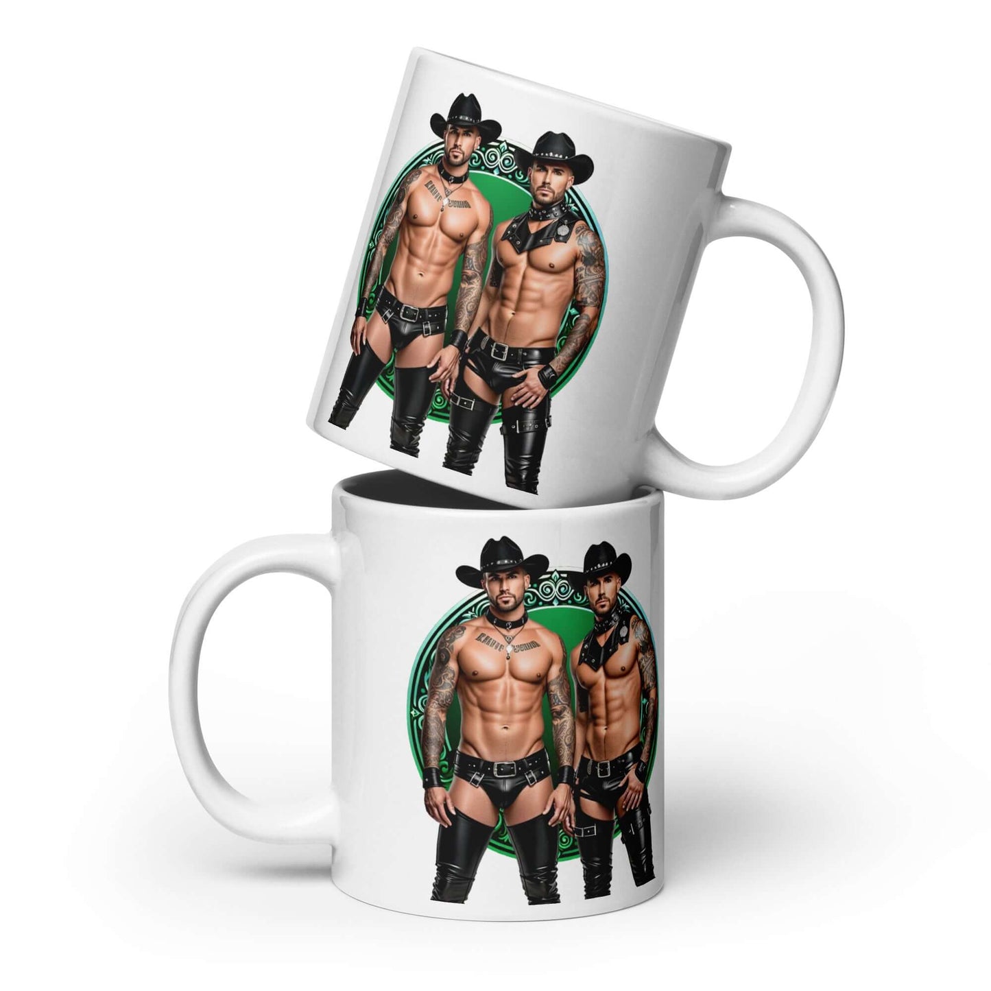Haus Of Zodiac Mug | Leathermen Fin & Cade (Gemini) featuring two muscular men in cowboy hats