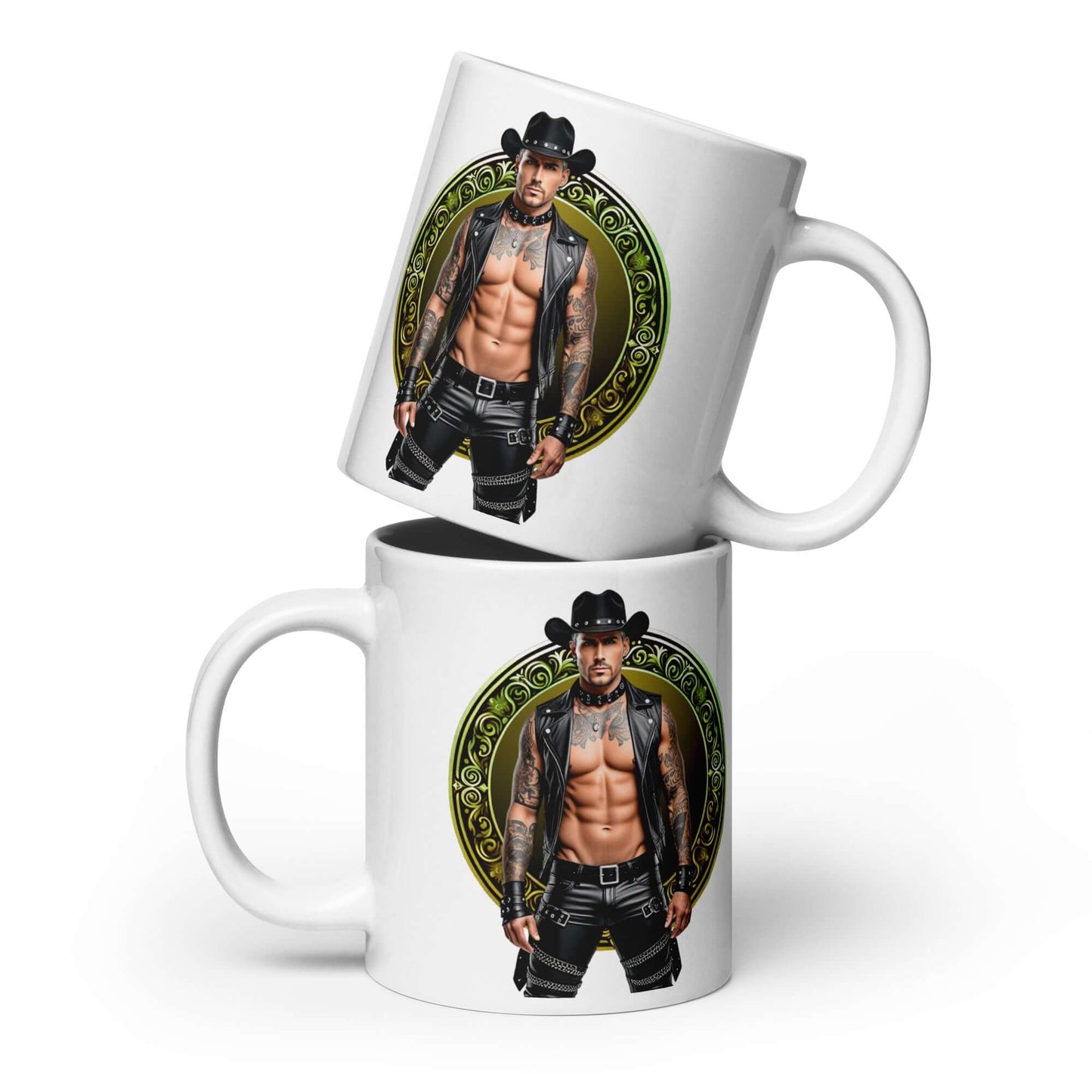 Haus Of Zodiac Mug | Leatherman Sterling (Capricorn) featuring a muscular model in cowboy attire.
