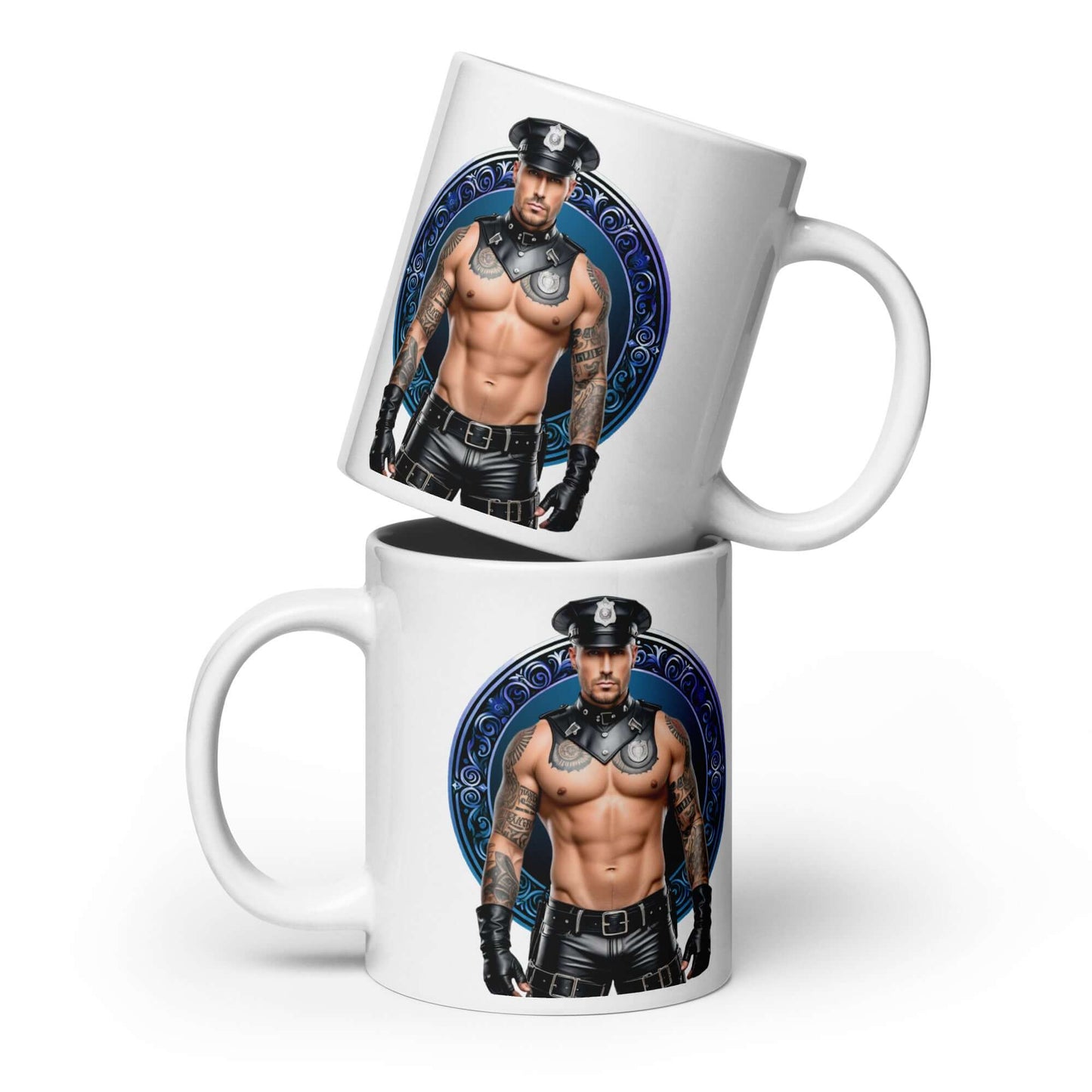 Haus Of Zodiac Mug | Leatherman Ronan (Cancer) featuring a man in a police-inspired outfit with tattoos.