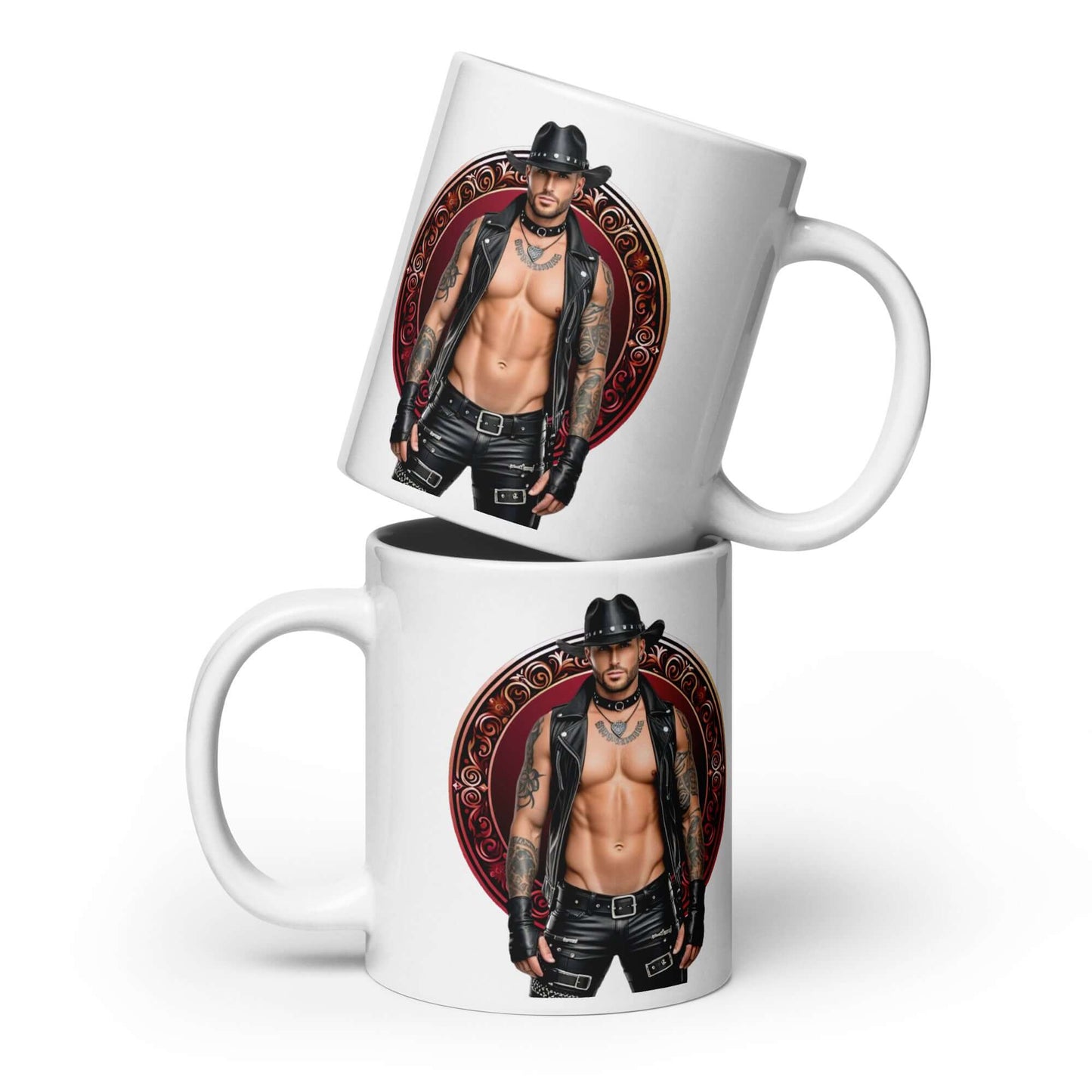 Haus Of Zodiac Mug | Leatherman Blaze (Aries) featuring a muscular man in a stylish outfit and vibrant circular design.