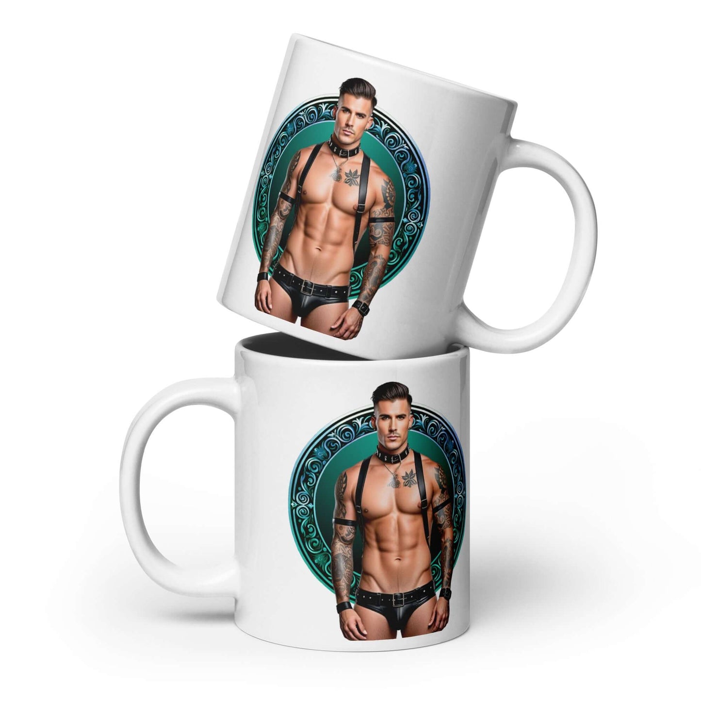 Haus Of Zodiac Mug | Leatherman Kai (Aquarius) featuring a muscular man with tattoos on a glossy ceramic surface.