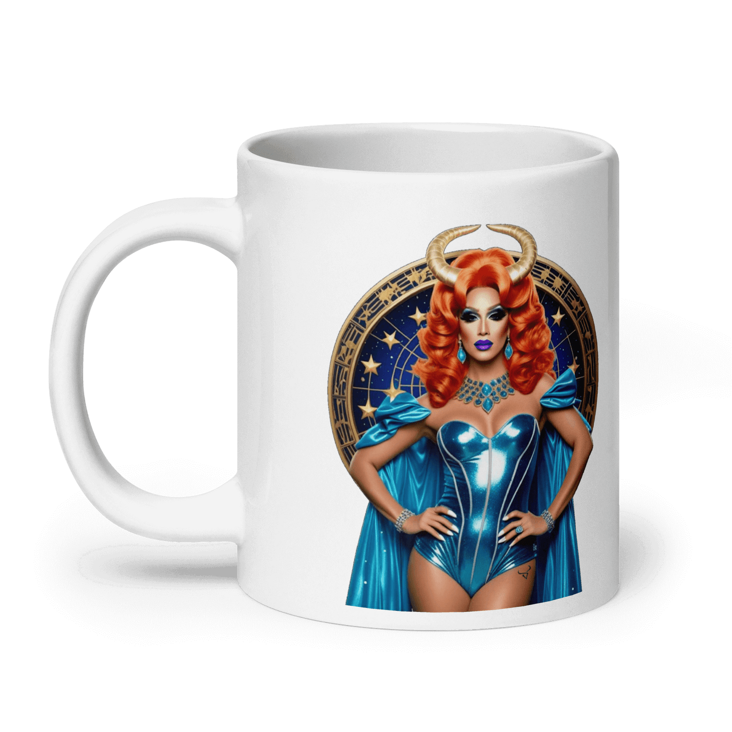 Haus Of Zodiac Mug | Venus De-Milo (Taurus) with vibrant design featuring a character in blue attire and horns.