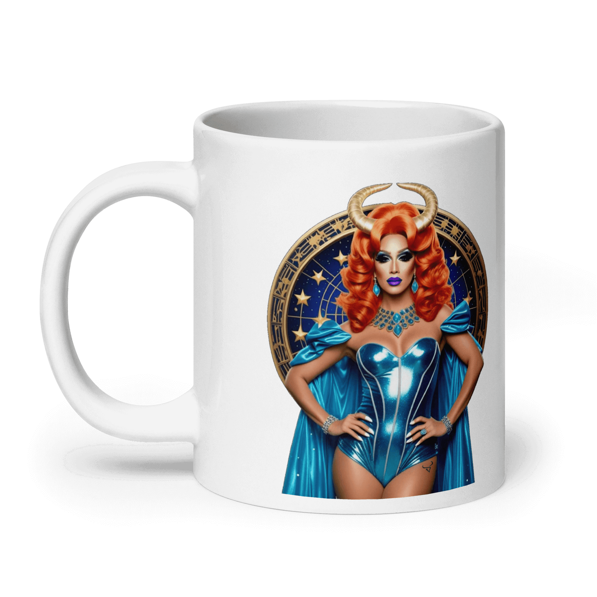 Haus Of Zodiac Mug | Venus De-Milo (Taurus) with vibrant design featuring a character in blue attire and horns.