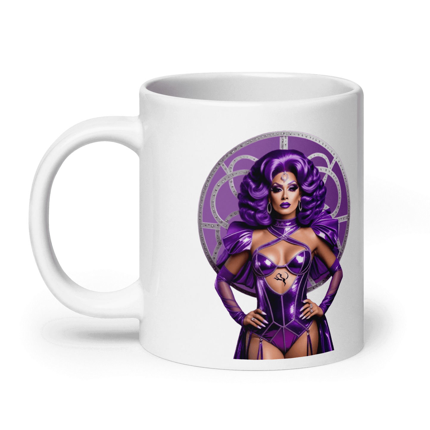 Haus Of Zodiac Mug | Leona Lux (Leo) featuring a bold design with a glamorous character in purple attire.