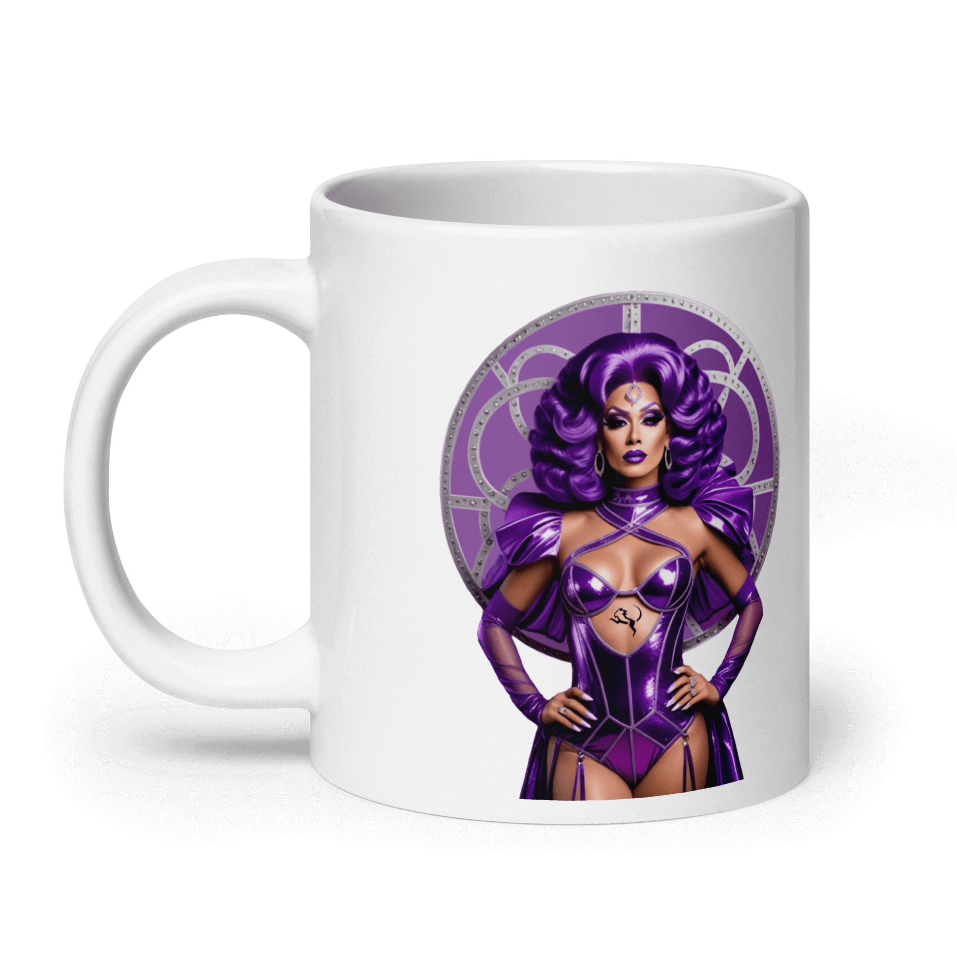 Haus Of Zodiac Mug | Leona Lux (Leo) featuring a bold design with a glamorous character in purple attire.