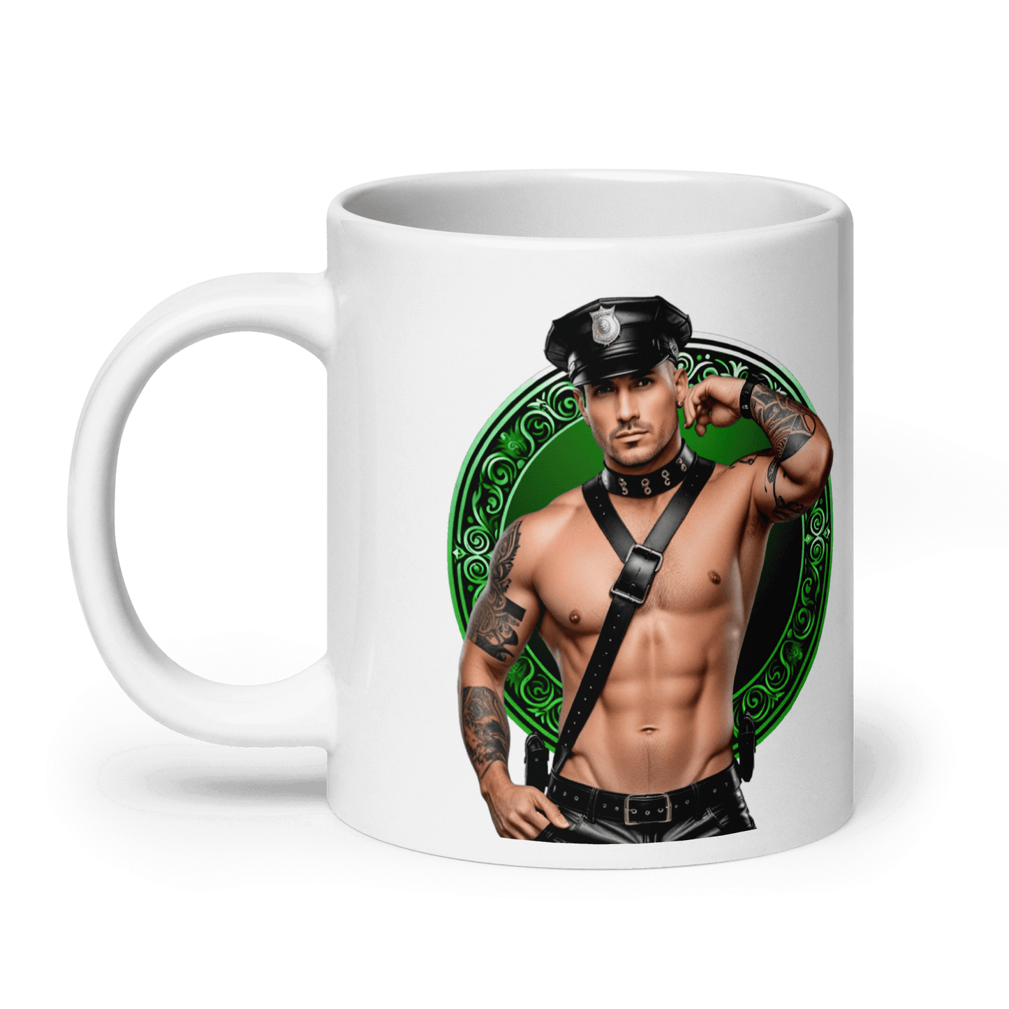 Haus Of Zodiac Mug | Leatherman Griffin (Virgo) featuring a muscular man in a police outfit and green design.