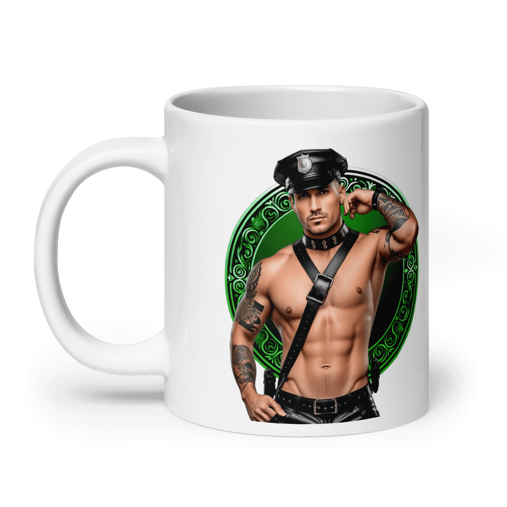 Haus Of Zodiac Mug | Leatherman Griffin (Virgo) featuring a muscular man in a police outfit and green design.