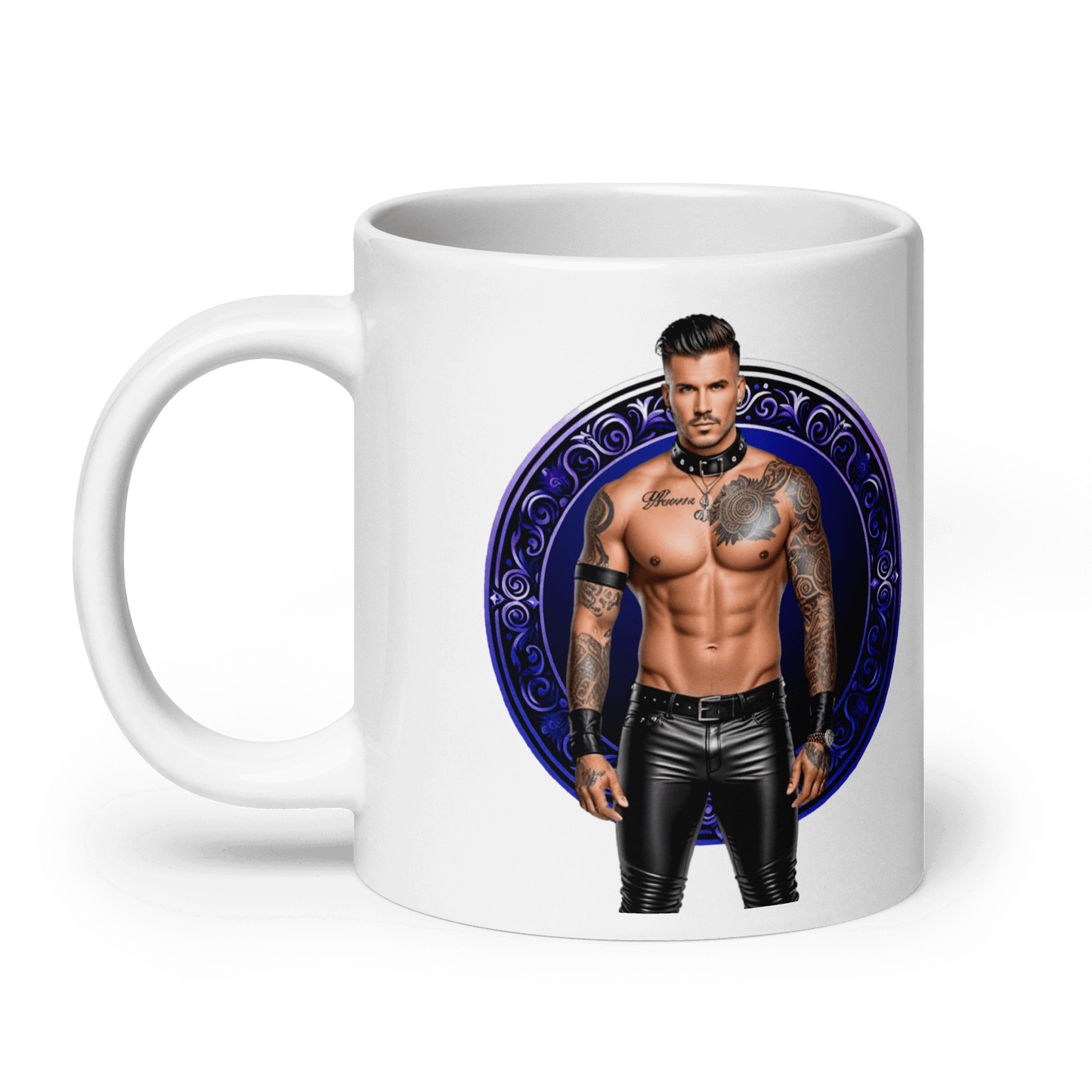 Haus Of Zodiac Mug | Leatherman Dash (Sagittarius) featuring a muscular man with tattoos on a glossy white ceramic mug.