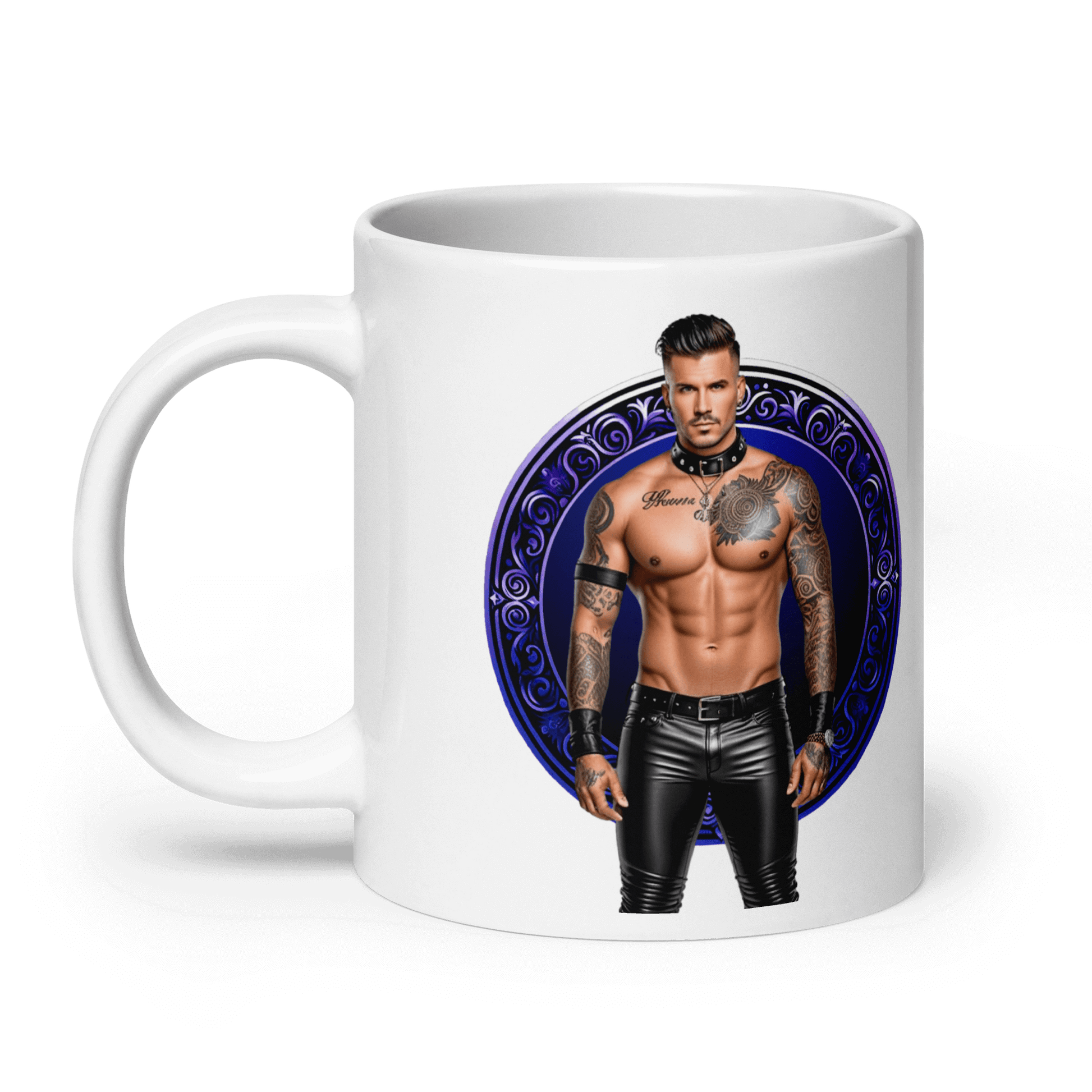 Haus Of Zodiac Mug | Leatherman Dash (Sagittarius) featuring a muscular man with tattoos on a glossy white ceramic mug.