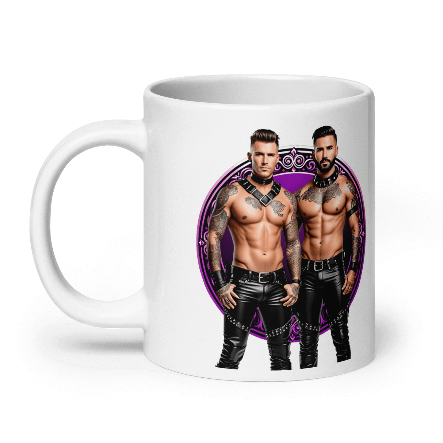 Haus Of Zodiac Mug | Leathermen Indigo & Koi (Pisces) featuring muscular men with tattoos.