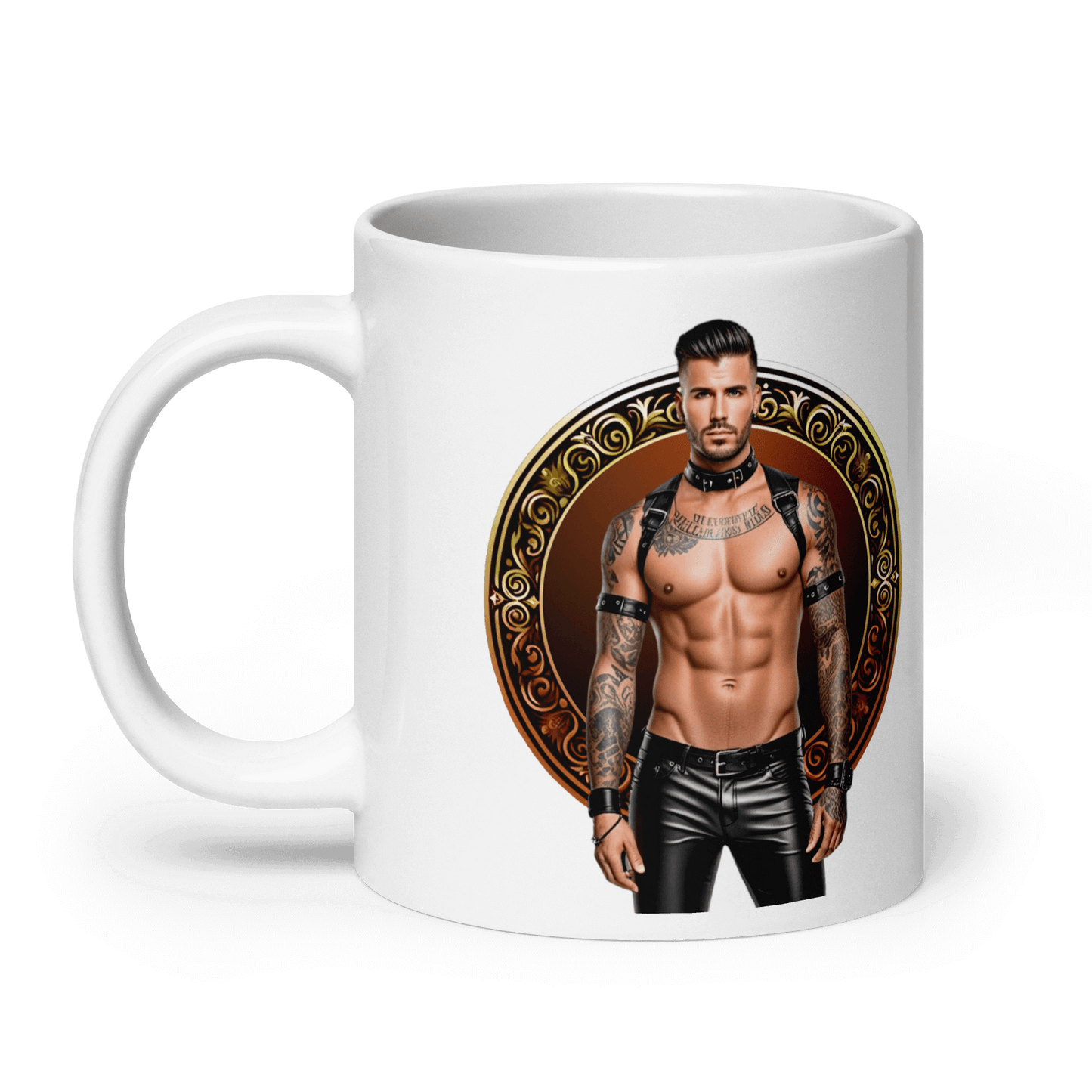 Haus Of Zodiac Mug | Leatherman Rex (Leo) featuring a muscular tattooed man design.