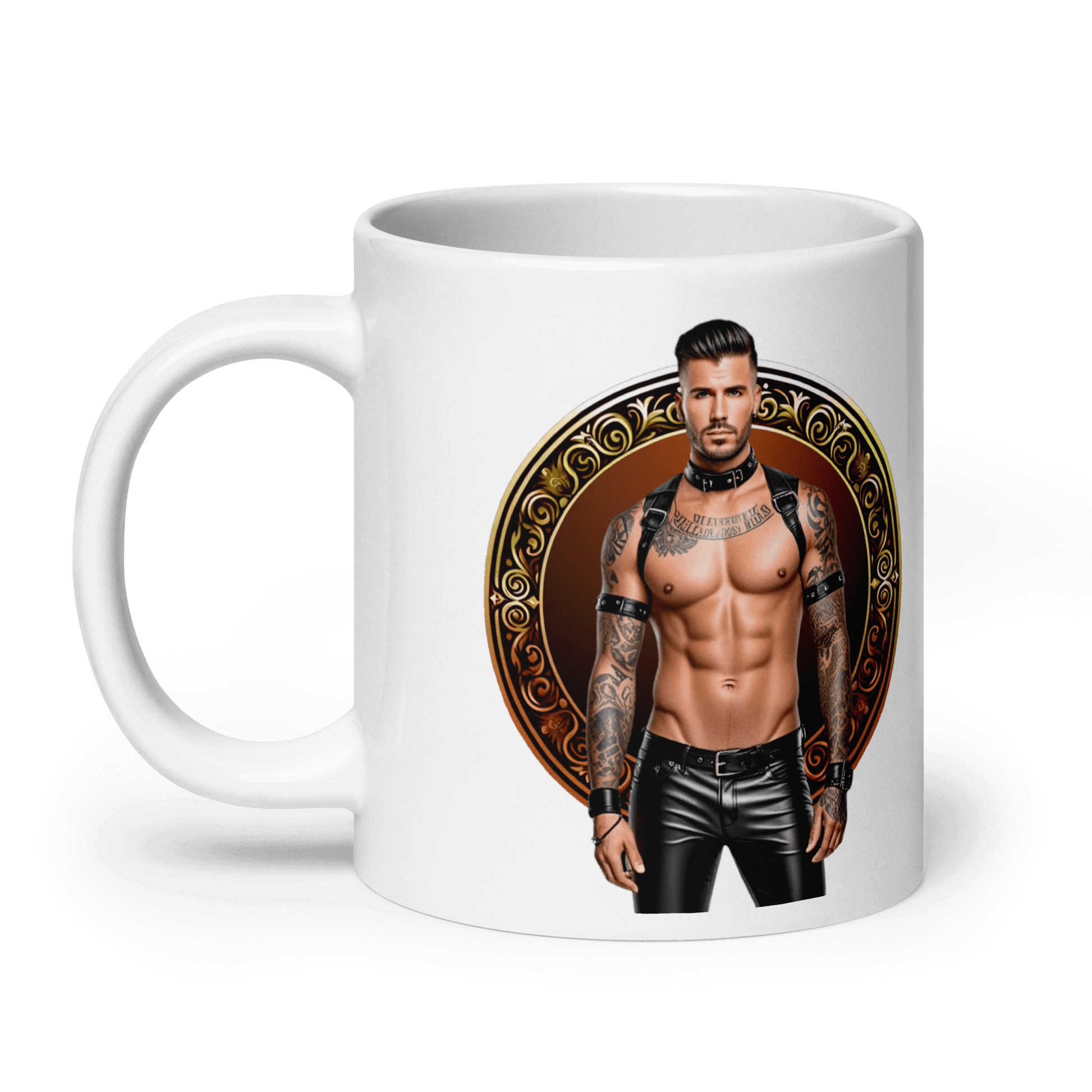 Haus Of Zodiac Mug | Leatherman Rex (Leo) featuring a muscular tattooed man design.