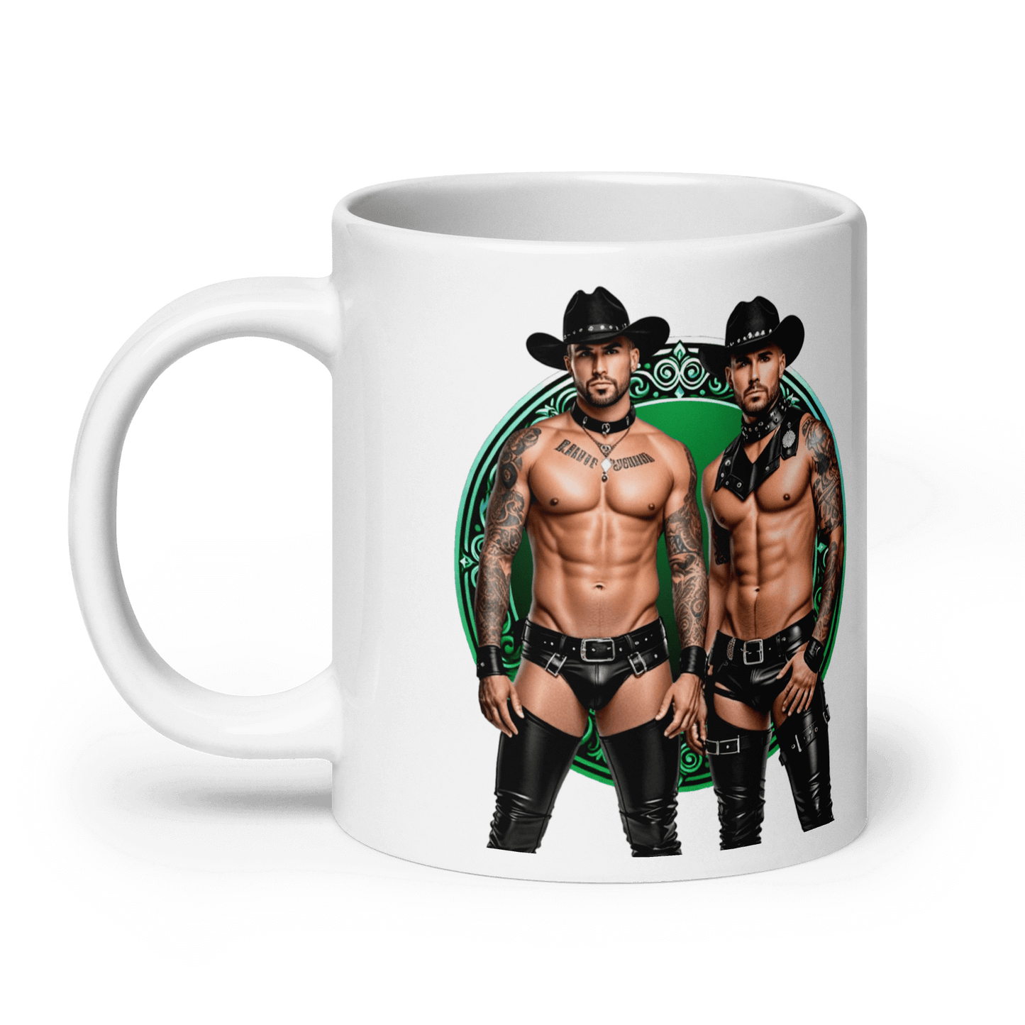 Haus Of Zodiac Mug | Leathermen Fin & Cade (Gemini) features two muscular men in cowboy hats.
