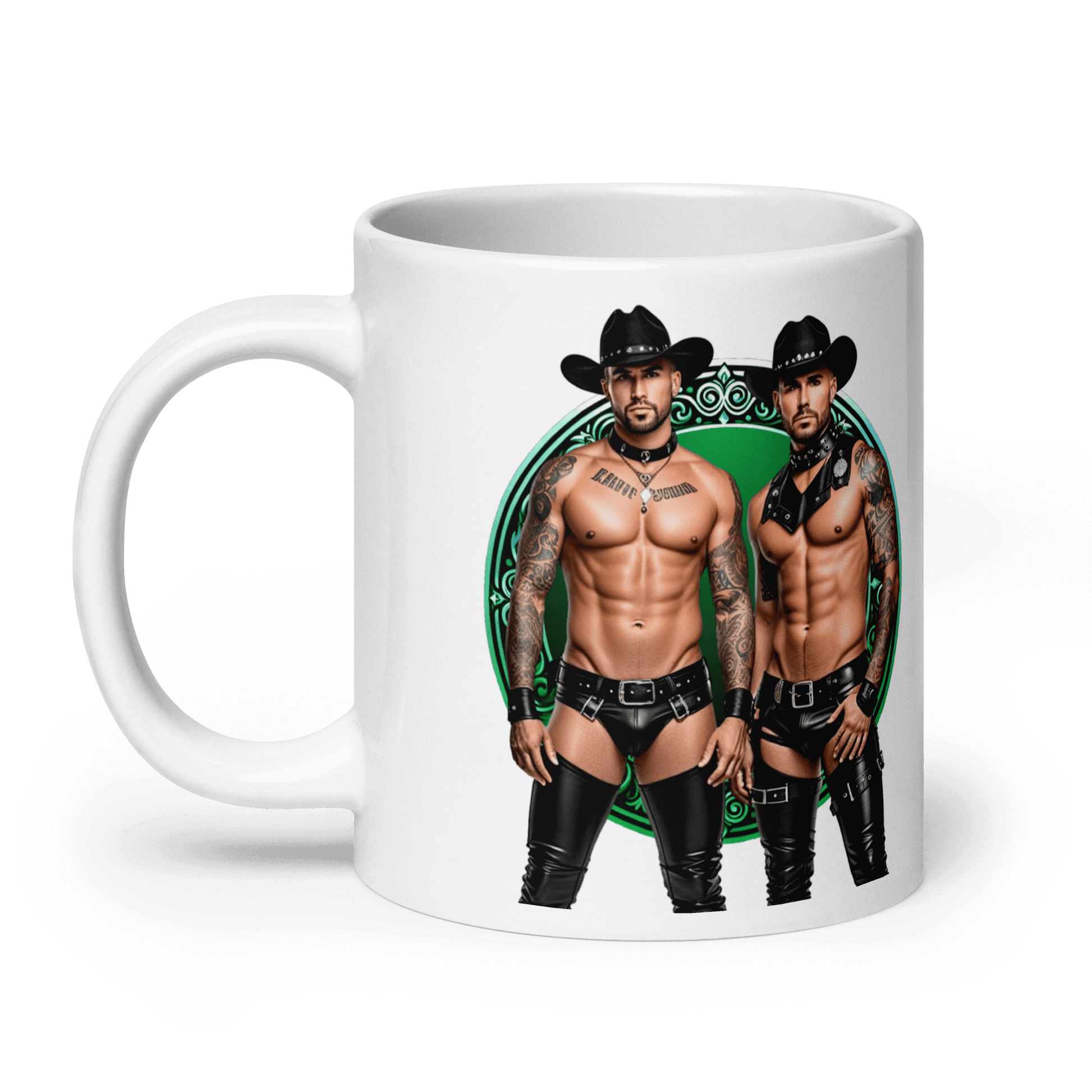 Haus Of Zodiac Mug | Leathermen Fin & Cade (Gemini) features two muscular men in cowboy hats.