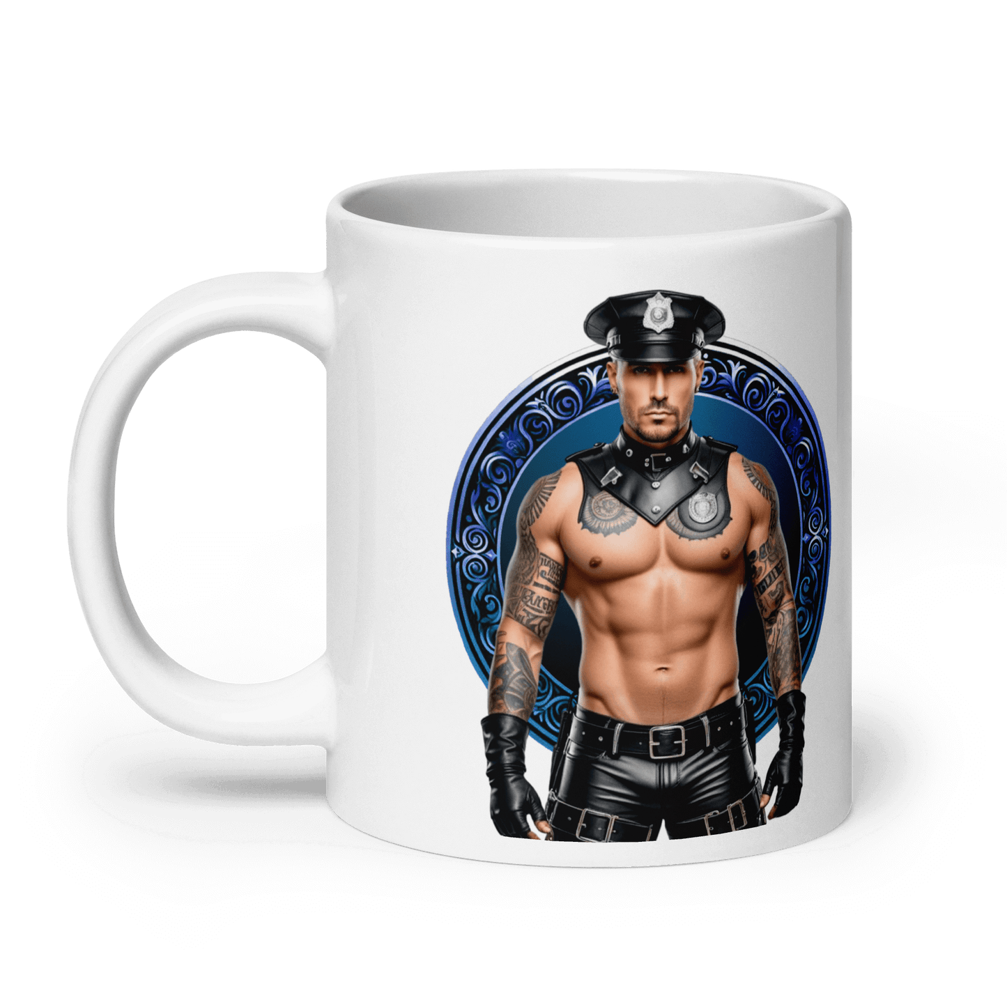 Haus Of Zodiac Mug | Leatherman Ronan (Cancer) featuring a muscular male in a police costume design.