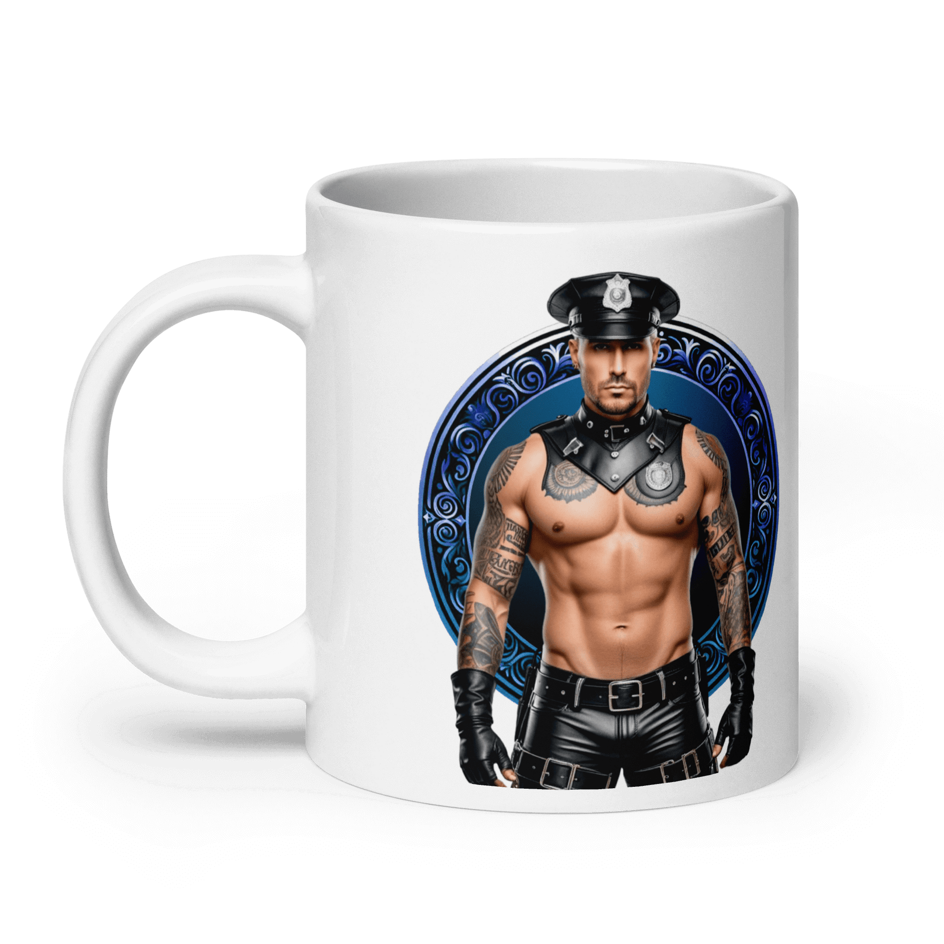 Haus Of Zodiac Mug | Leatherman Ronan (Cancer) featuring a muscular male in a police costume design.