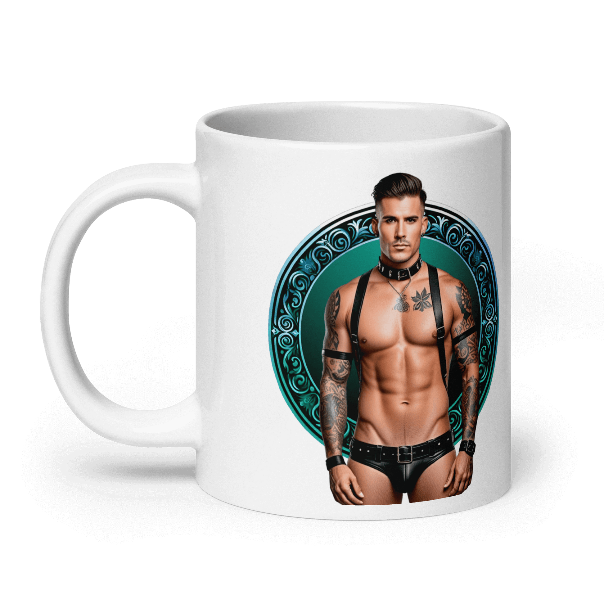 Haus Of Zodiac Mug | Leatherman Kai (Aquarius) featuring a muscular man illustration.