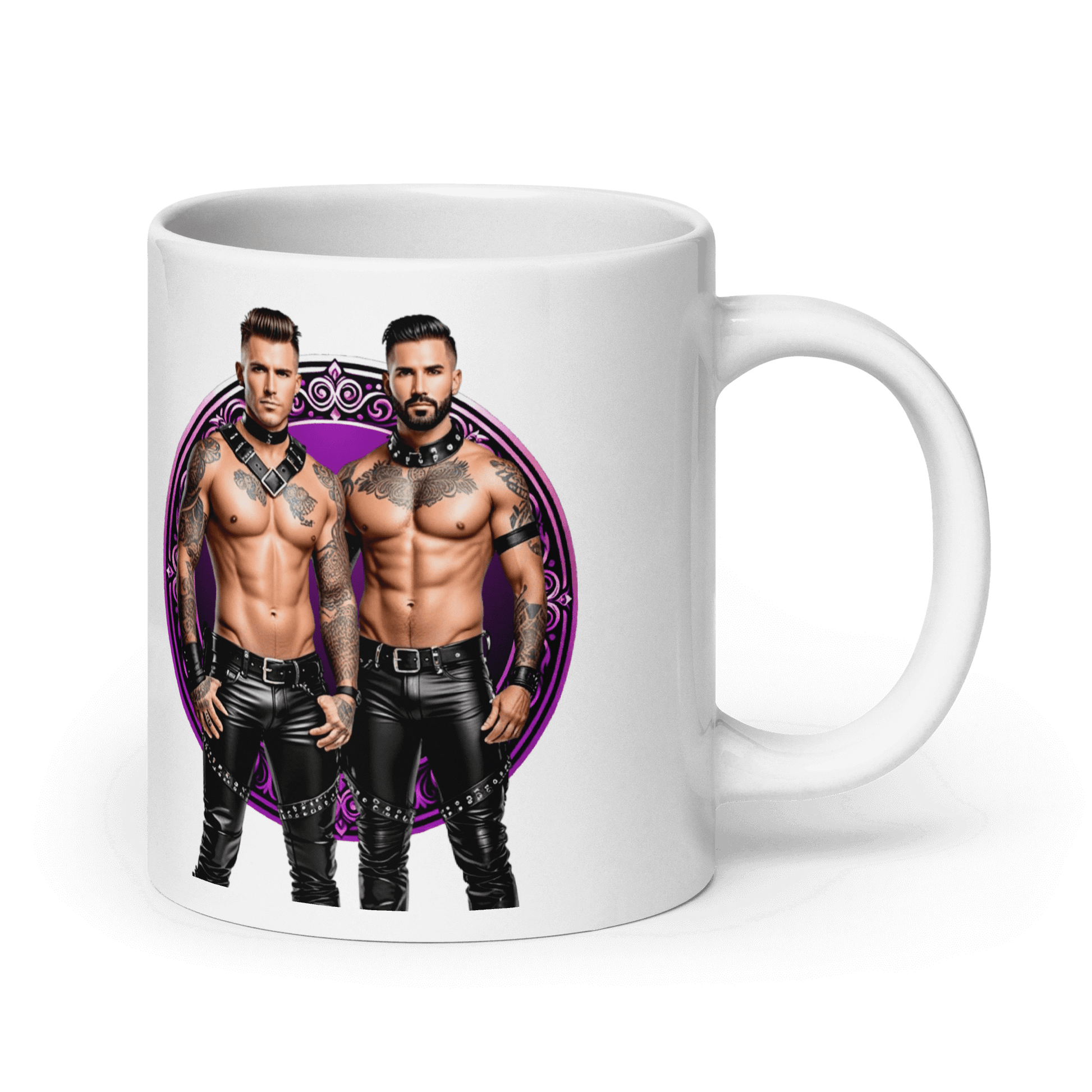 Haus Of Zodiac Mug | Leathermen Indigo & Koi (Pisces) featuring two muscular men in leather outfits.