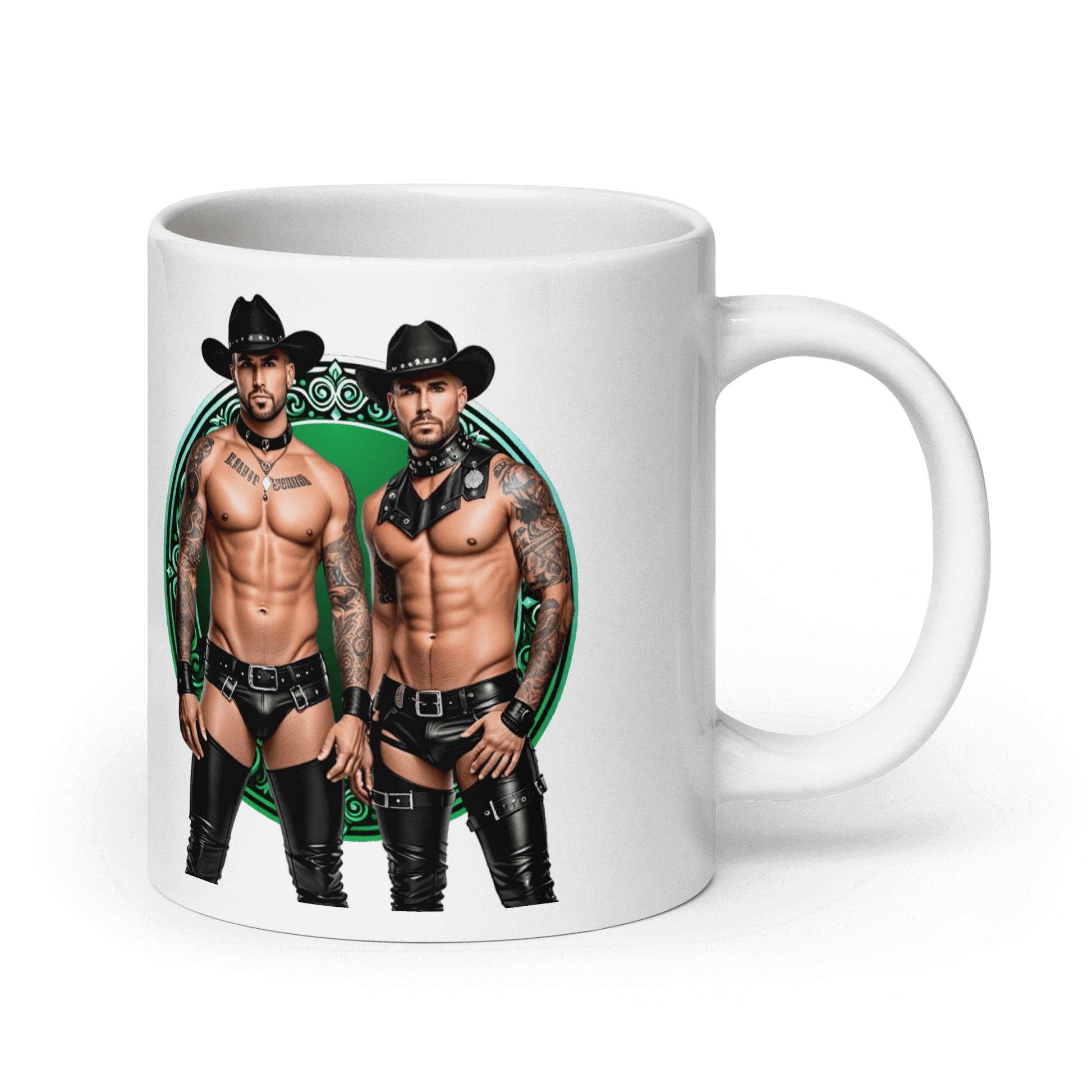 Haus Of Zodiac Mug | Leathermen Fin & Cade (Gemini) featuring two muscular cowboys.