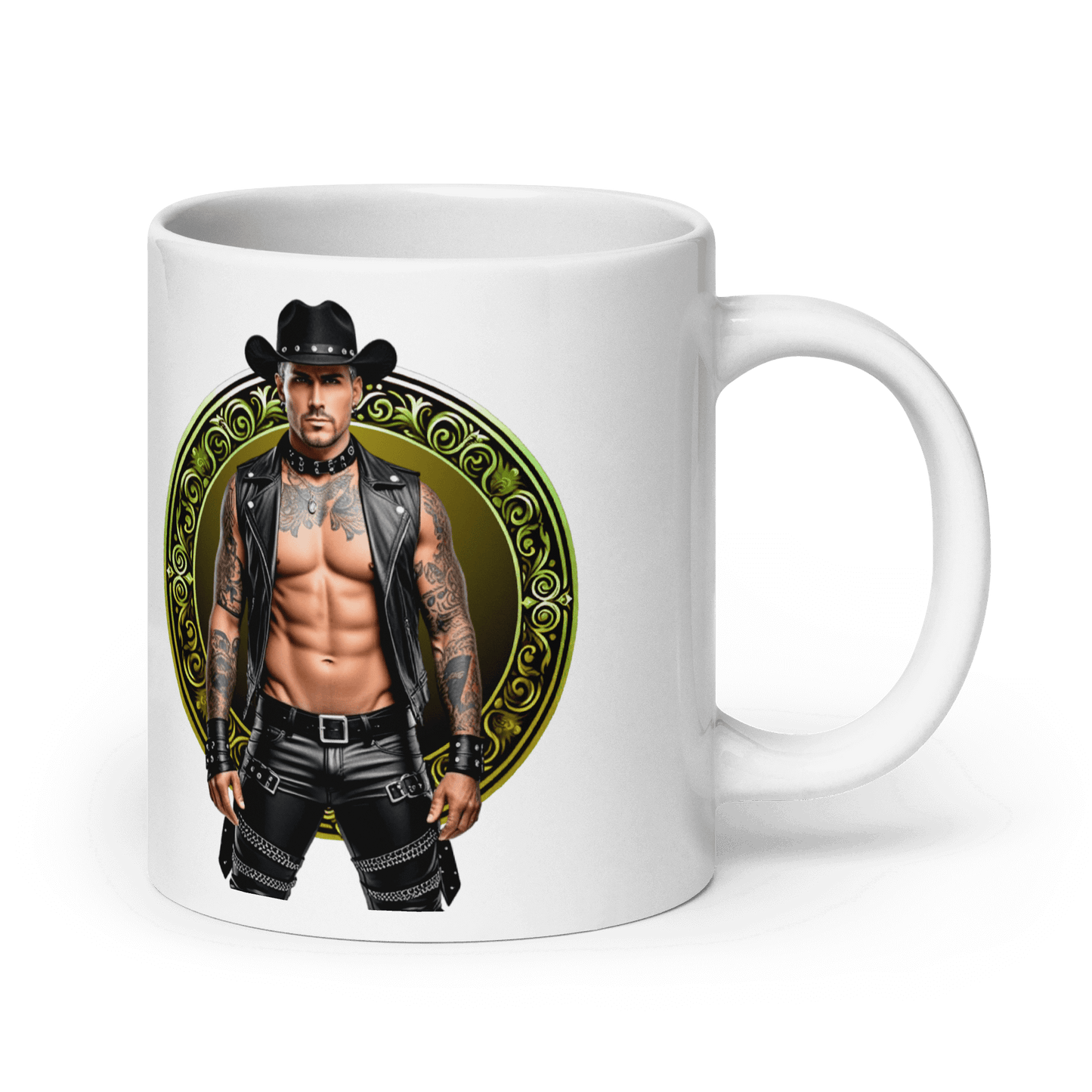 Haus Of Zodiac Mug | Leatherman Sterling (Capricorn) featuring a muscular man in a cowboy hat and leather outfit.