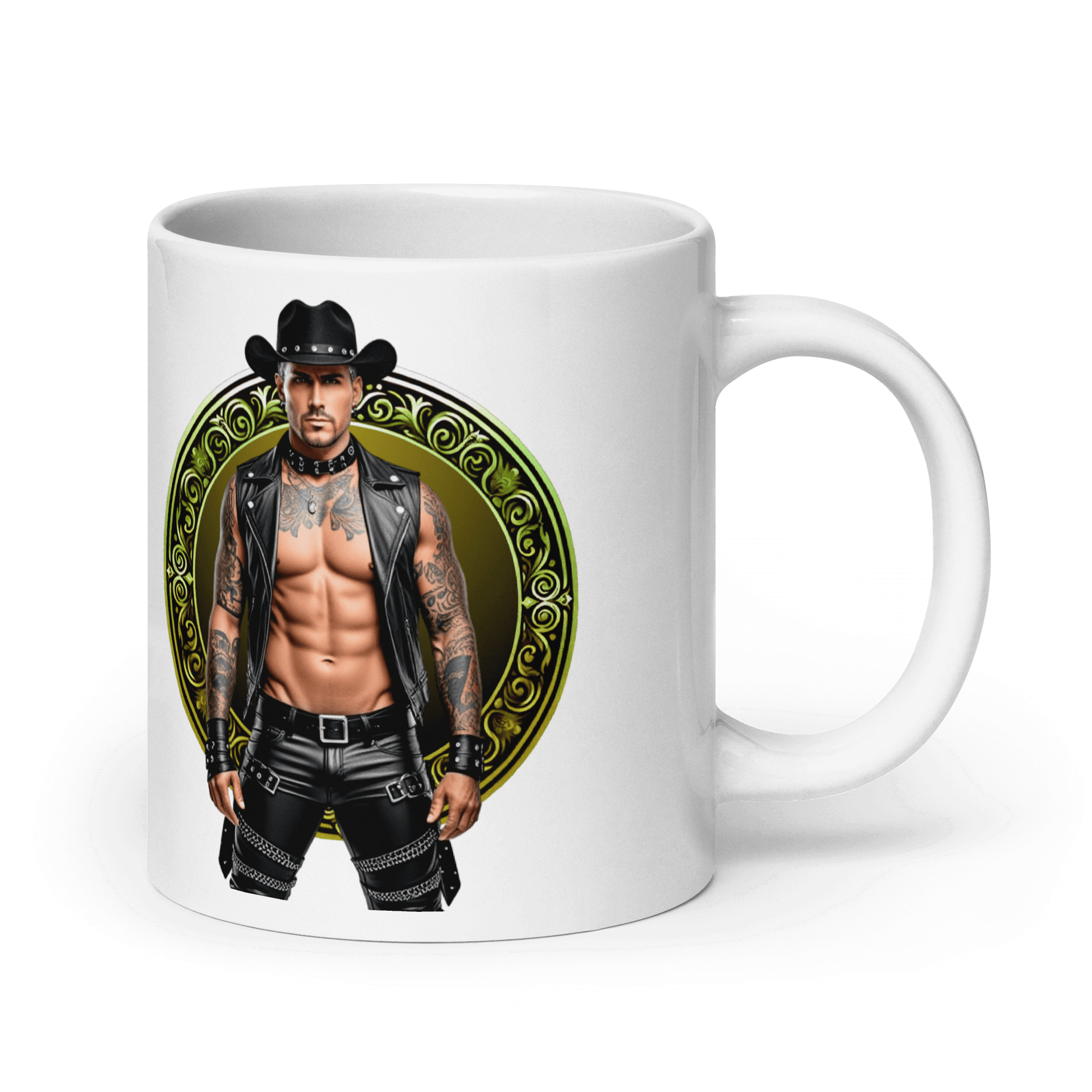 Haus Of Zodiac Mug | Leatherman Sterling (Capricorn) featuring a muscular man in a cowboy hat and leather outfit.