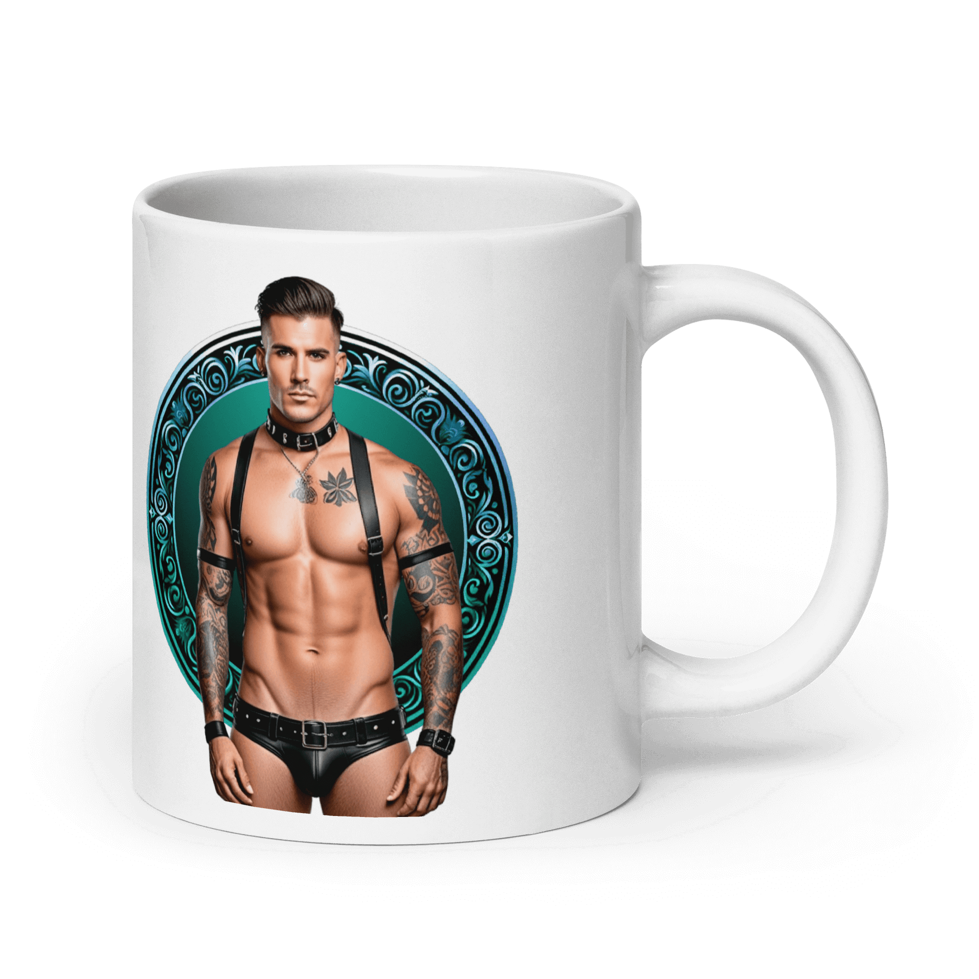 Haus Of Zodiac Mug | Leatherman Kai (Aquarius) featuring a stylish design with a muscular model.